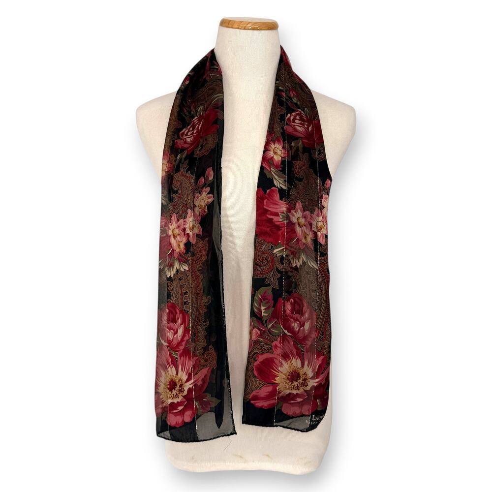 VINTAGE Ralph Lauren Silk Sheer Black w/ Red Floral & Gold Thread 54 X 11" Scarf